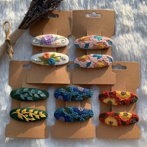 Hand Embroidered Hair clips  / Floral and Leaf Design / Hand Stitched Gift / Matching Gift / Friendship Gift / Bridal Gift