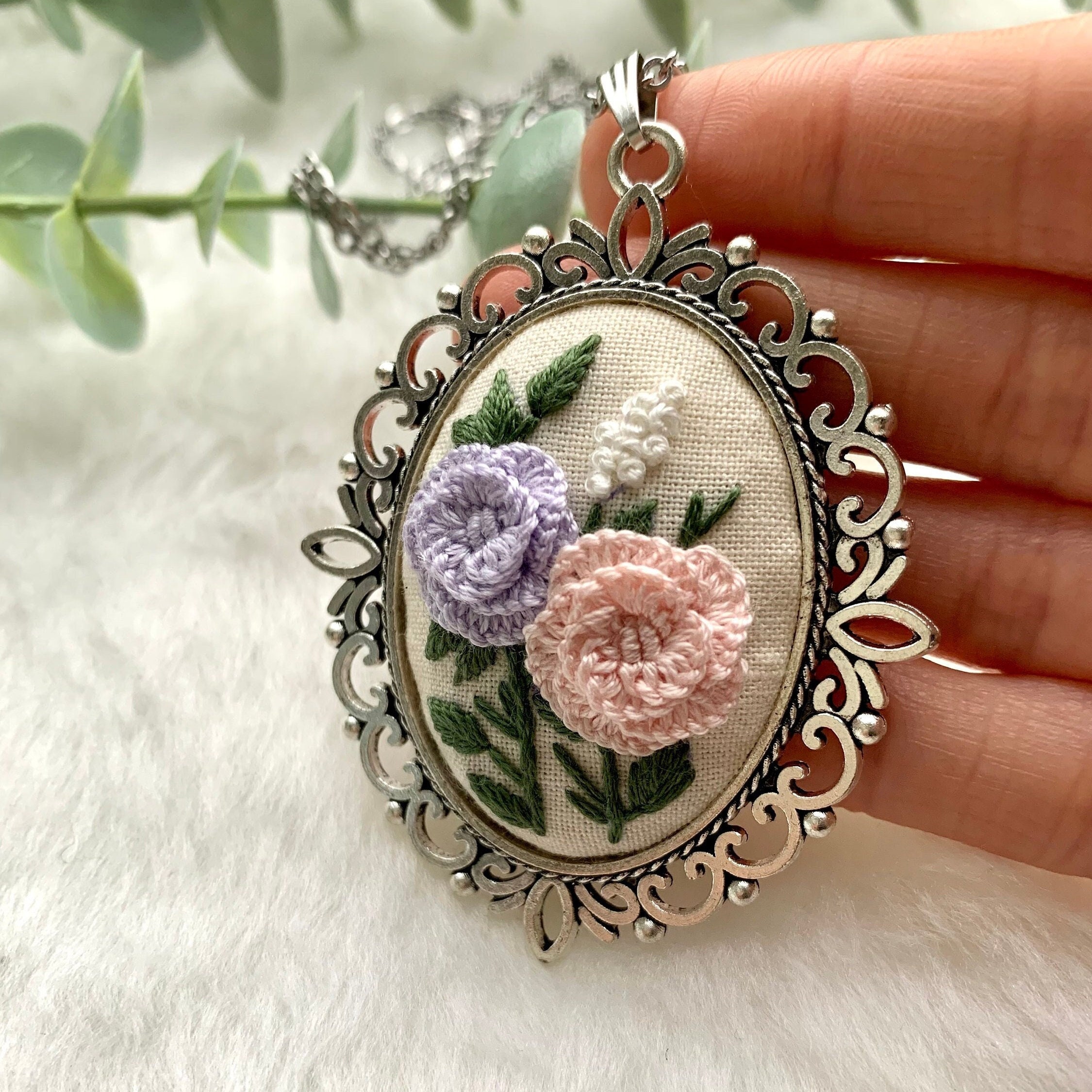 Flower Embroidery Necklace Embroidered Pendant Gift for Her 