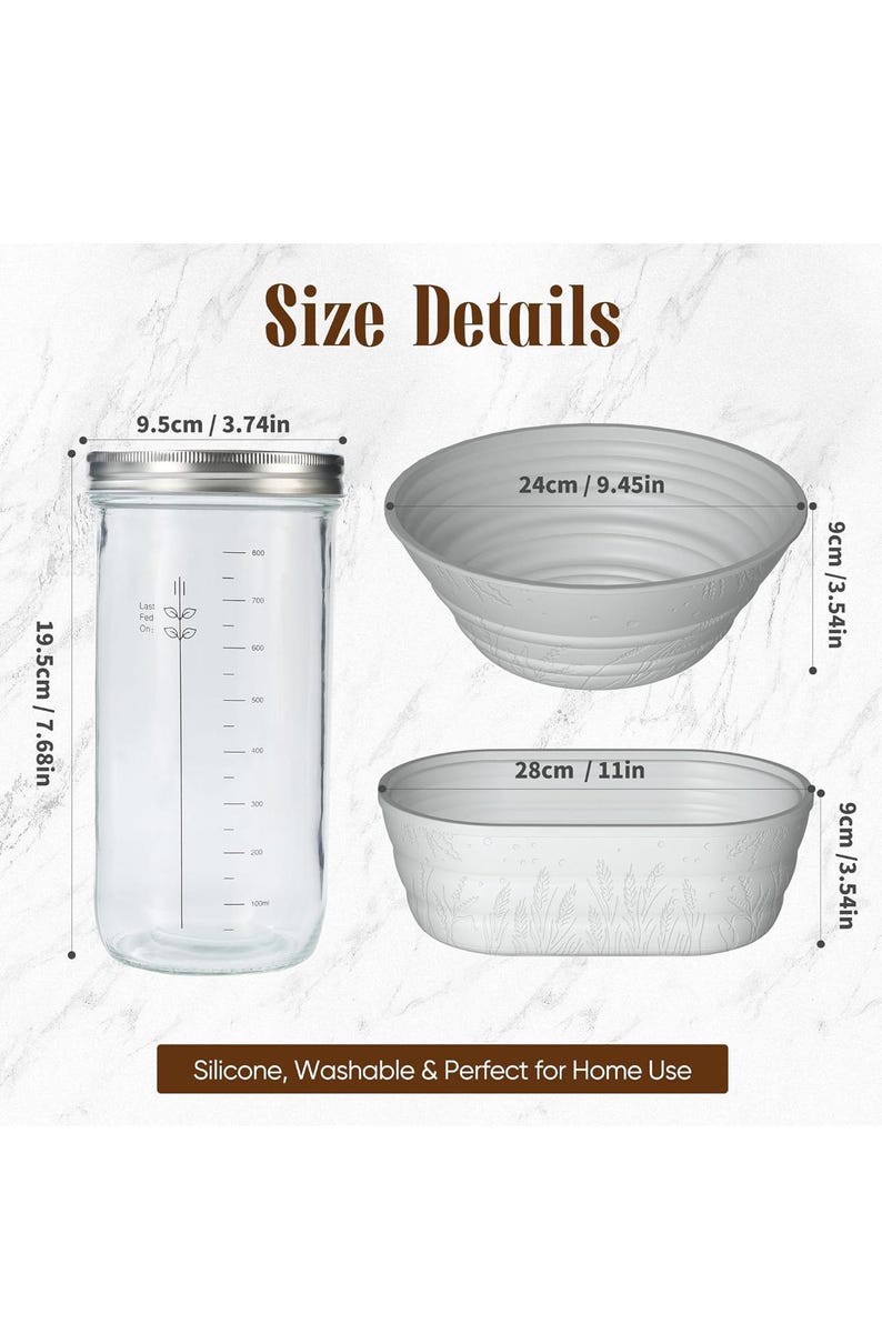 May include: Image showing a clear glass jar with a silver lid, measuring 9.5cm/3.74in wide and 19.5cm/7.68in tall, next to two white silicone bowls. The bowls are 24cm/9.45in and 28cm/11in wide, both 9cm/3.54in tall. Text reads "Size Details".