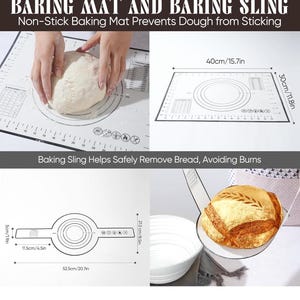 May include: A white non-stick baking mat with measurements, 15.7 inches by 11.8 inches, and a baking sling. The text on the image reads "BAKING MAT AND BAKING SLING" and "Non-Stick Baking Mat Prevents Dough from Sticking".