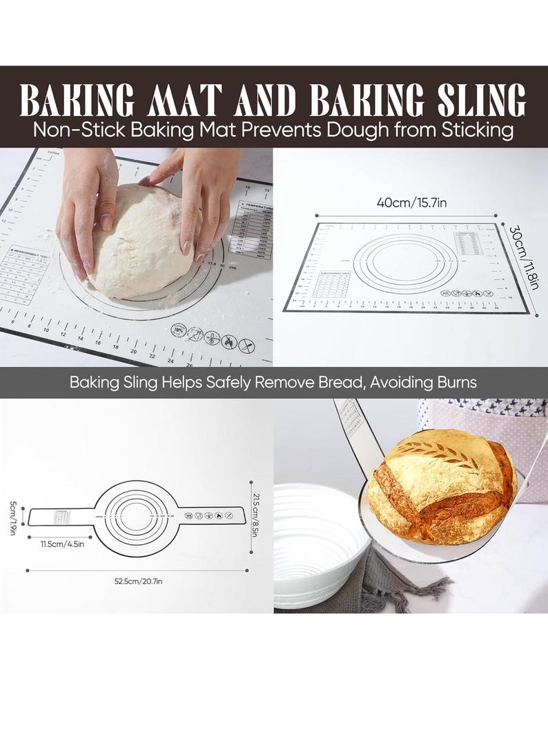 May include: A white non-stick baking mat with measurements, 15.7 inches by 11.8 inches, and a baking sling. The text on the image reads "BAKING MAT AND BAKING SLING" and "Non-Stick Baking Mat Prevents Dough from Sticking".