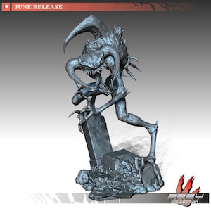 Puede incluir: Un modelo 3D impreso en gris detallado de una criatura monstruosa con garras y dientes afilados, de pie sobre una lápida rota. La criatura tiene una cola larga y delgada y una expresión amenazante.