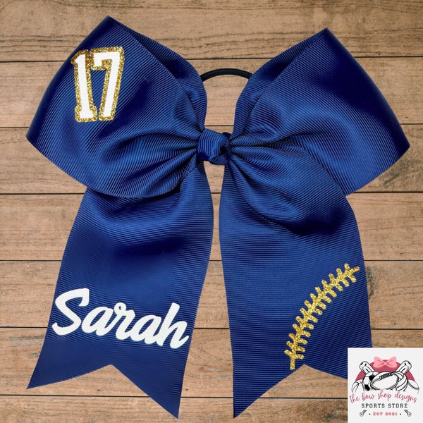 Custom Big Cheer Bows 8" Ribbon w Ponytail Hair Bow for Softball, Softball Stitch Bow