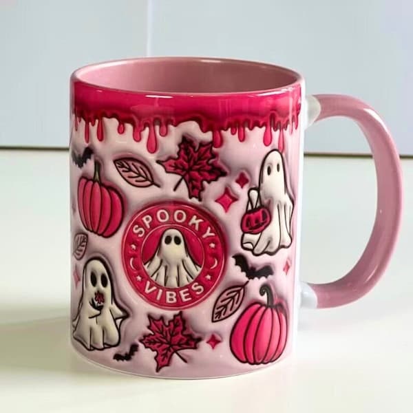 Pink Halloween Mug with handle, Spooky Vibes Mug, Autumn Mug, Pumpkin Spice Latte Mug, PSL, Halloween Coffee, Pumpkin Spice all things nice