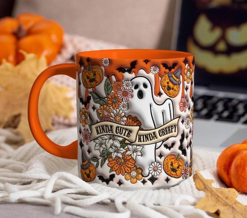 Boo Basket Gift, Orange Halloween Mug with handle, Kinda Cute Kinda Creepy, Autumn Mug, Pumpkin Spice Latte, PSL, Pumpkin Spice Coffee