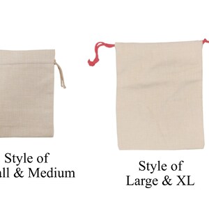 May include: Two beige drawstring bags are shown against a white backdrop. The smaller bag has beige drawstrings, while the larger one has red drawstrings. Text below reads "Style of Small & Medium" and "Style of Large & XL."