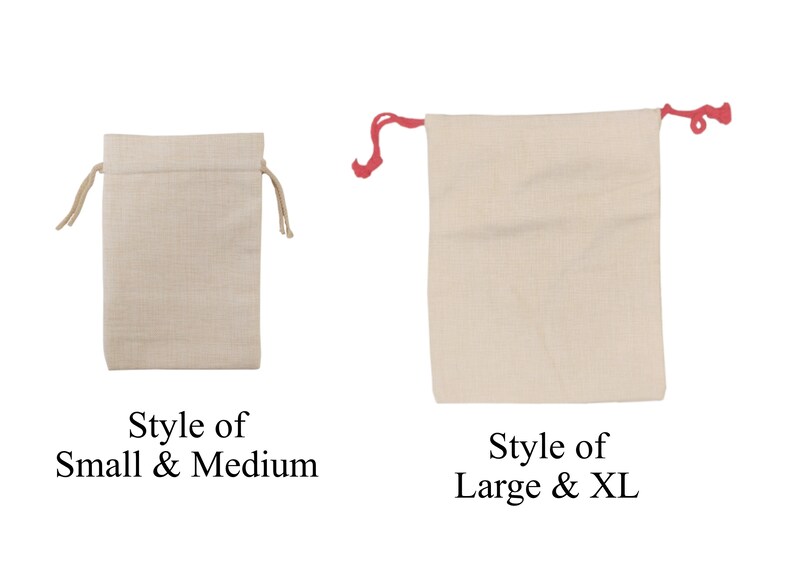 May include: Two beige drawstring bags are shown against a white backdrop. The smaller bag has beige drawstrings, while the larger one has red drawstrings. Text below reads "Style of Small & Medium" and "Style of Large & XL."