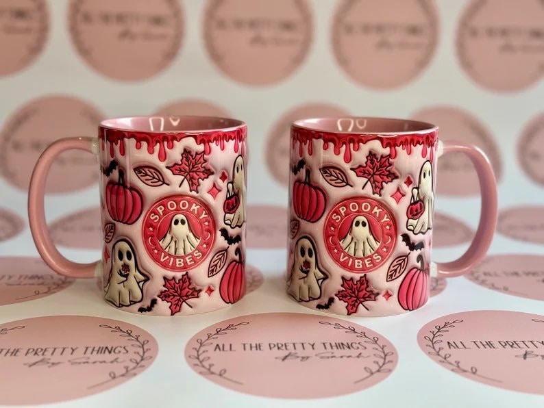 Pink Halloween Mug with handle, Spooky Vibes Mug, Autumn Mug, Pumpkin Spice Latte Mug, PSL, Halloween Coffee, Pumpkin Spice all things nice