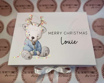 Personalised Gift Box with Ribbon, Christmas Teddy Bear, Christmas Gift Box, Christmas Eve Box, Customised Festive Box