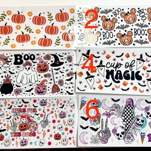 May include: Six different Halloween themed sticker sheets with various designs. The designs include pumpkins, ghosts, bats, skulls, and other Halloween imagery. The sticker sheets are all white with black and orange designs.