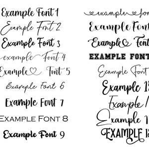 May include: A white background showcases various font styles. The word "FONTS" is stacked vertically on the left. Each font style is labelled with "Example Font" followed by a number, demonstrating different calligraphy and display font options.