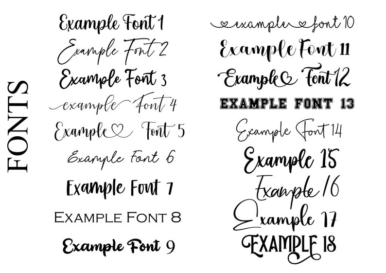 May include: A white background showcases various font styles. The word "FONTS" is stacked vertically on the left. Each font style is labelled with "Example Font" followed by a number, demonstrating different calligraphy and display font options.