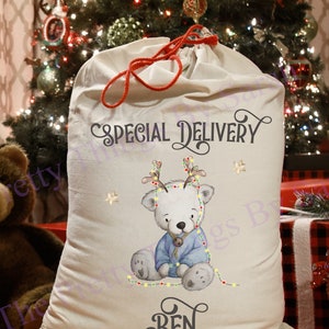 May include: An off-white Christmas sack with a red drawstring, featuring a cartoon polar bear in a blue outfit and fairy lights. The sack is printed with "SPECIAL DELIVERY" and "BEN". A decorated Christmas tree is visible in the background.