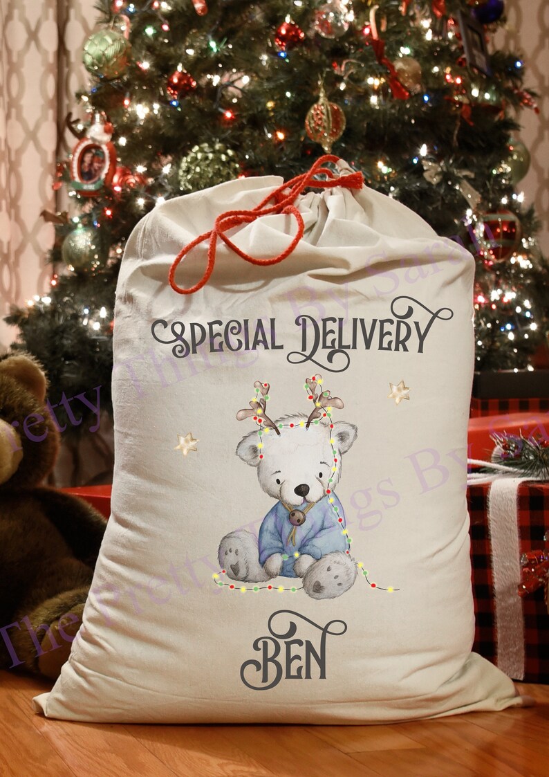 May include: An off-white Christmas sack with a red drawstring, featuring a cartoon polar bear in a blue outfit and fairy lights. The sack is printed with "SPECIAL DELIVERY" and "BEN". A decorated Christmas tree is visible in the background.