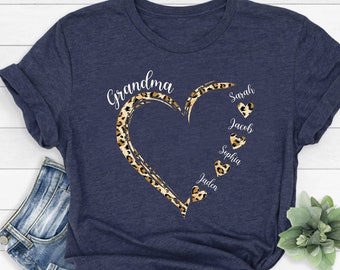 Grandma and Grandkids Hearts Leopard Print Tee, Mothers Day Gift For Grandma, Shirt for Grandma Nana Mimi Gigi, Custom Grandma Tee