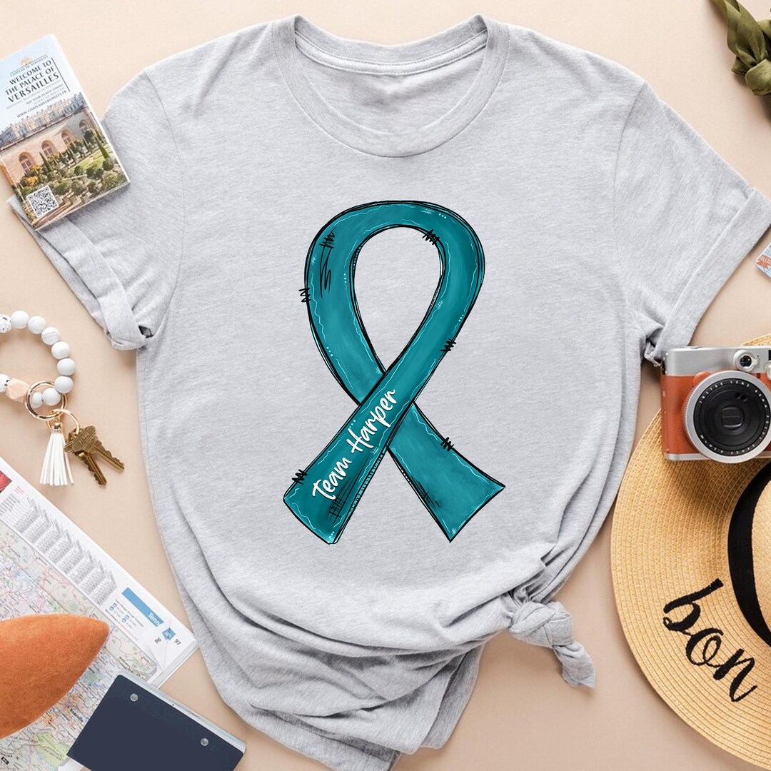 Ovarian Cancer Ribbon Shirt, Teal Ribbon Awareness Tee, Team Ovarian ...