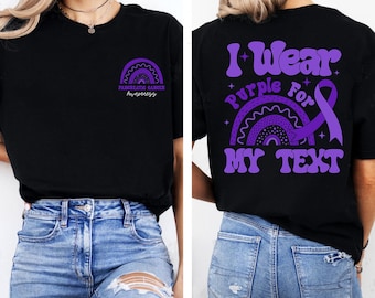 Camiseta "Eu visto roxo para meu nome personalizado", camiseta de conscientização sobre câncer de pâncreas, camiseta com laço roxo, presente para equipe de apoio, camisetas para família, camiseta unissex