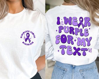Camiseta contra câncer de pâncreas, camiseta de conscientização sobre o laço roxo, esquadrão de apoio, presente de guerreiro sobrevivente, camisetas combinando com a família, nome personalizado, camiseta unissex