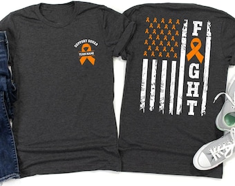 Camiseta con la bandera de EE. UU. de Fight Leukemia, camiseta con lazo naranja, camiseta de concientización sobre la leucemia, camiseta personalizada con el nombre del equipo de guerreros de la leucemia, equipo de apoyo