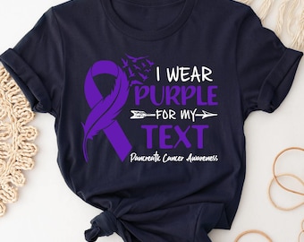 Camiseta de conscientização sobre câncer de pâncreas, camiseta com laço roxo, esquadrão de apoio, presente de guerreiro sobrevivente, camisetas para família, nome personalizado, camiseta unissex