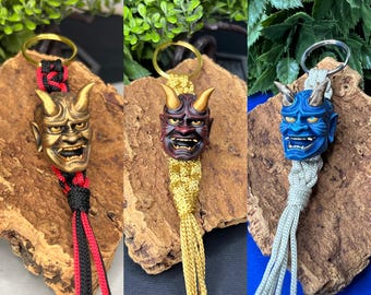 Oni Mask Keychain – Hand Painted Japanese Demon Macramé Charm