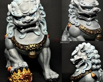 Chinese Lion Guardian Statue for Feng Shui Decorations, Hand-Painted Beijing Wealth Guardian Lion