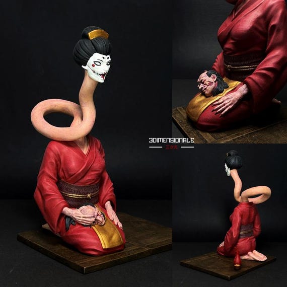 ろくろ首 日本の妖怪鬼 - 手描き樹脂像 - 芸者ホラーフィギュア - 希少