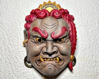 Fudo Myoo Wall Mask, Japanese Buddhist Mask, Fudo Myo-o Statue, Japanese Wall Decor, Wisdom King Mask