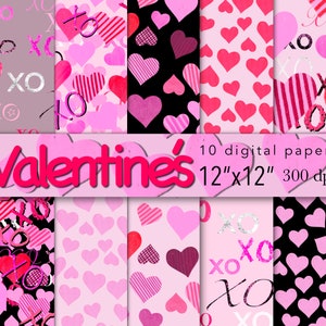 Valentine's Day Digital Paper Pack, XOXO, XO and hearts, pink red black, Digital Paper