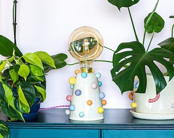Ceramic table lamp with balls | Bedside lamp | Desk lamp with pompons | Pottery table lamp | Handmade ceramic lamp