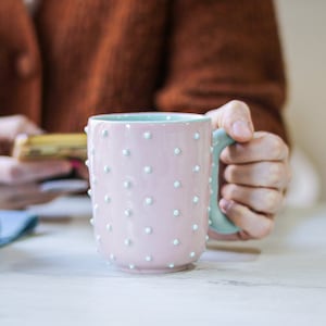 Pink and green handmade coffee mug | Mug with handle | Pottery coffee mug | Ceramic mug | Gift for coffee lovers | Housewarming gift