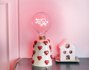 Ceramic table lamp with hearts | Unique bedside table lamp | Decorated with red hearts | Bulb included | Housewarming gift | Made to order