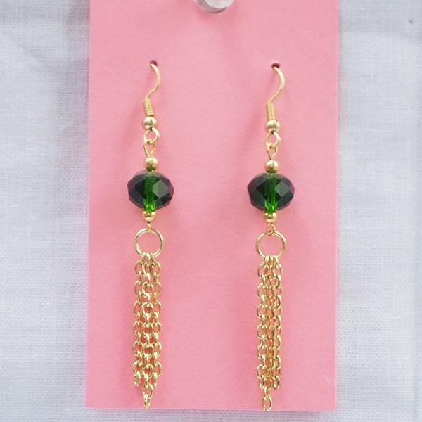 Green bead and gold chain earrings