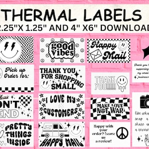 May include: A set of 12 black and white thermal labels with various designs, including smiley faces, peace signs, checkered patterns, and text like "Good Vibes", "Happy Mail", "Thank You", "Make Love Not War", and "I Love My Customers". The labels are 2.25 inches by 1.25 inches and 4 inches by 6 inches.