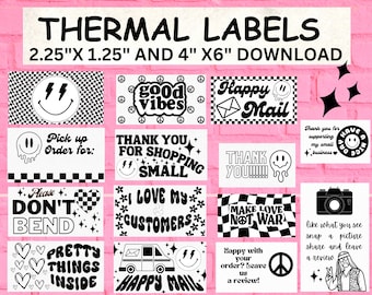 May include: A set of 12 black and white thermal labels with various designs, including smiley faces, peace signs, checkered patterns, and text like "Good Vibes", "Happy Mail", "Thank You", "Make Love Not War", and "I Love My Customers". The labels are 2.25 inches by 1.25 inches and 4 inches by 6 inches.