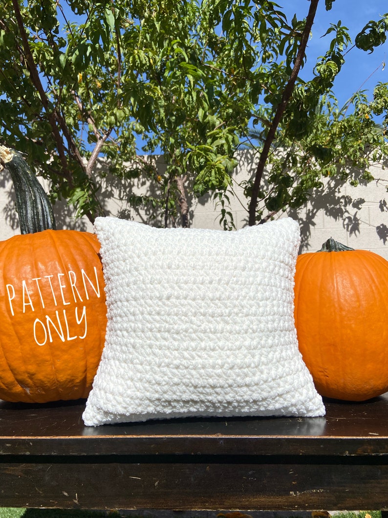K&ouml;nnte beinhalten: Ein wei&szlig;es geh&auml;keltes Kissen auf einer Holzoberfl&auml;che mit zwei orangefarbenen K&uuml;rbissen auf beiden Seiten. Der Text "PATTERN ONLY" ist auf den K&uuml;rbis links geschrieben.