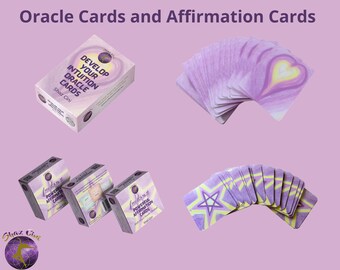 May include: Two sets of oracle cards and affirmation cards with purple and yellow designs. The oracle cards have a heart design and the affirmation cards have a star design. The boxes for the cards are purple and have the text "Develop Your Intuition Oracle Cards" and "Powerful Affirmation Cards" on them.