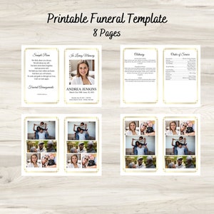 8-Page White with Gold Border - Editable Funeral Program Template In Loving Memory Obituary Printable Memorial Celebration of Life Program