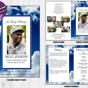 Blue Cloud Design - Editable Funeral Program Template In Loving Memory Obituary Printable Memorial Celebration of Life Program