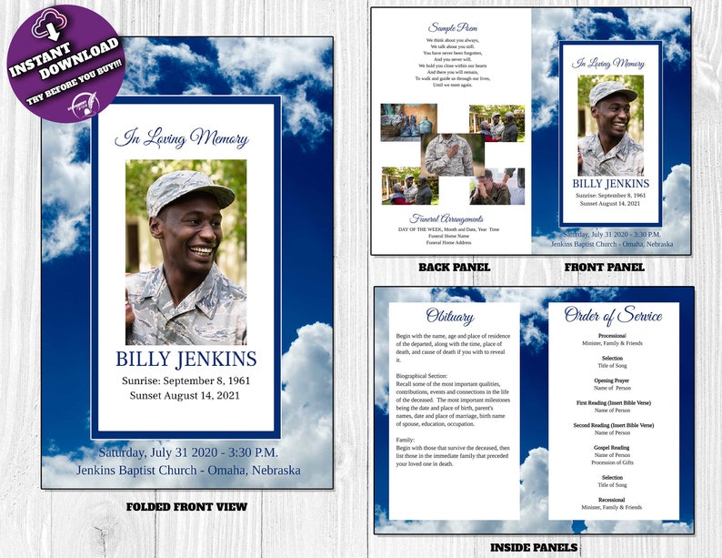 May include: A memorial card with a blue sky and cloud design. The front panel features a photo of a smiling man in uniform, with the text "In Loving Memory" and his name, birth, and death dates. The card is for a funeral service.