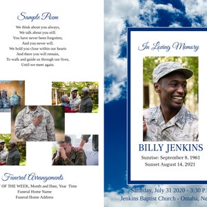 May include: A memorial service program with a blue and white sky background. The program includes a photo of a smiling man in a military uniform, the text "In Loving Memory" and the name "BILLY JENKINS". It also includes a poem and details about the funeral.