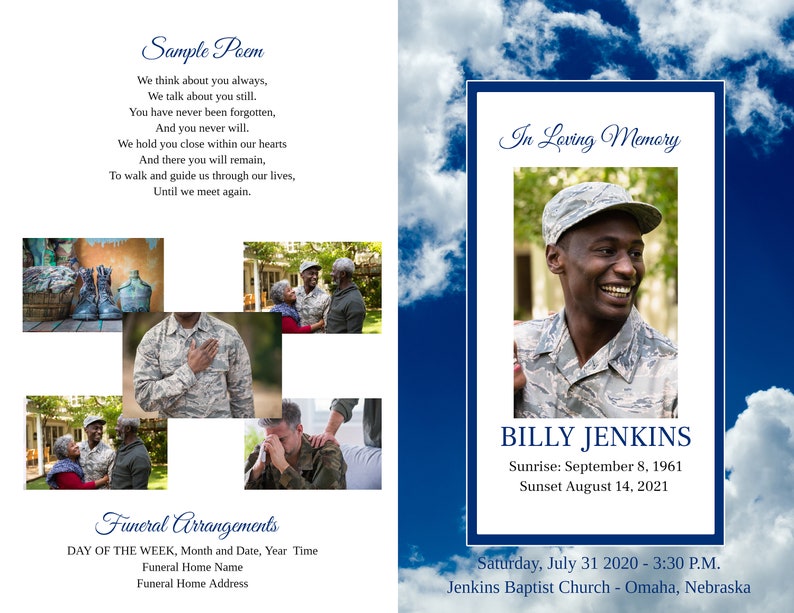 May include: A memorial service program with a blue and white sky background. The program includes a photo of a smiling man in a military uniform, the text "In Loving Memory" and the name "BILLY JENKINS". It also includes a poem and details about the funeral.