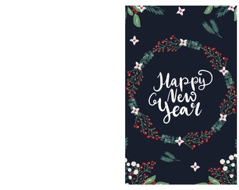 Printable Black & Green Wreath New Years Card, Instant Download 8.5x11 inch card for New Years, Downloadable New Years, New Years Card 2021