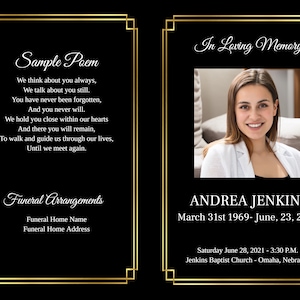 Classic Black and Gold Design- Editable Funeral Program Template In Loving Memory Obituary Printable Memorial Celebration of Life Program