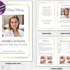 White with Gold Border - Editable Funeral Program Template In Loving Memory Obituary Printable Memorial Celebration of Life Program
