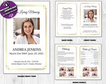 White & Gold Funeral Program Template: Editable Memorial Obituary (Digital Download)