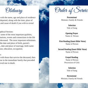 May include: A funeral order of service template against a blue sky and cloud backdrop. The left panel details obituary information, such as name and age. The right panel lists the order of service, including readings and music.