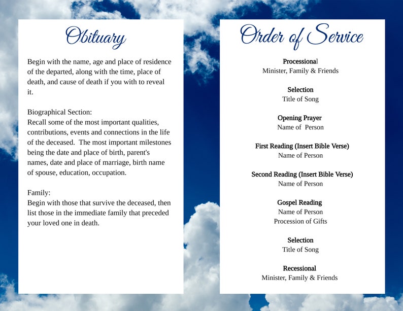 May include: A funeral order of service template against a blue sky and cloud backdrop. The left panel details obituary information, such as name and age. The right panel lists the order of service, including readings and music.