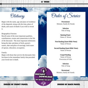 May include: A printable memorial service program with a blue sky and cloud background. The left panel is labelled "Obituary" and the right panel is labelled "Order of Service". The program is 27.9 cm wide and 21.6 cm tall.