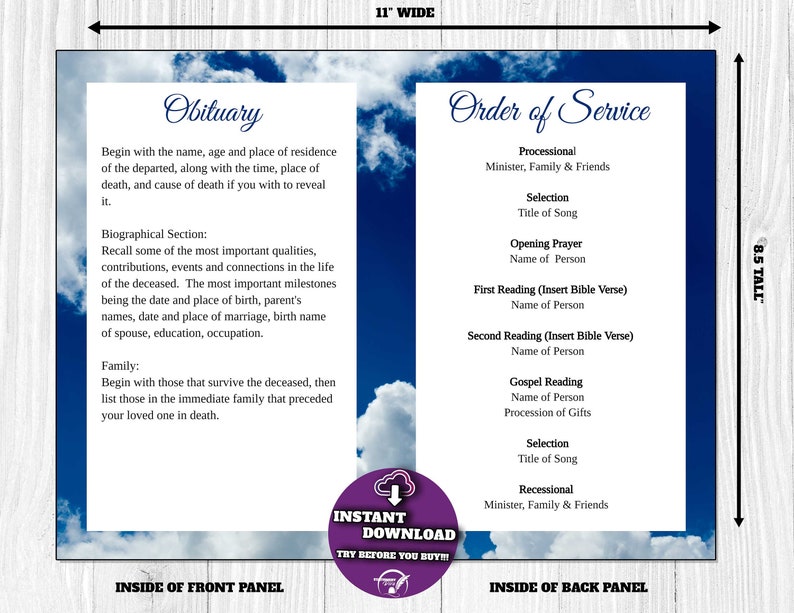 May include: A printable memorial service program with a blue sky and cloud background. The left panel is labelled "Obituary" and the right panel is labelled "Order of Service". The program is 27.9 cm wide and 21.6 cm tall.